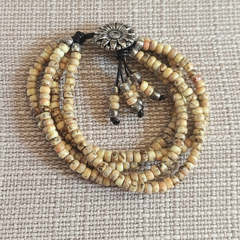 Handmade Yellow Bead & 4 Strand Black Leather Bracelet